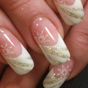 Weiße,lange French Nägel mit silbernen Glitzer Streifen und Schneeflocke