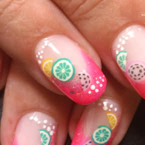 Rosanes French mit Fimo Shapes Zitrone Limette mit Glitzer und weißen Punkten