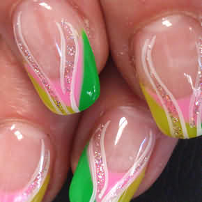 Neon grün, gelbes, pastel rosanes French mit weißen Linien und silber Glitzerstaub